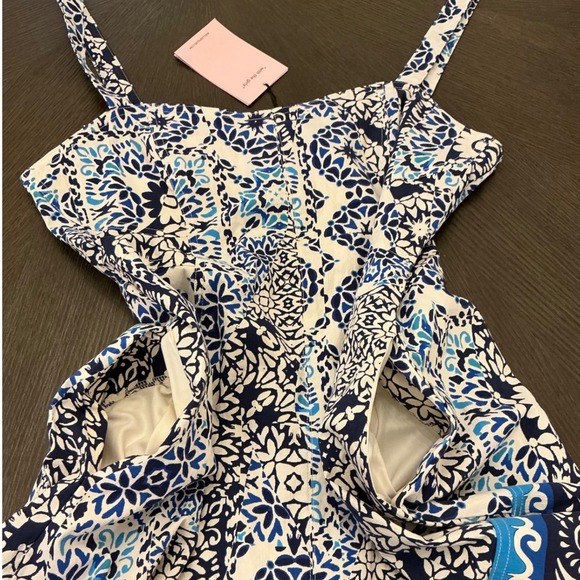 Avec Les Filles Blue White Mosaic Sweetheart Neck Mini Sundress Size 14 NEW - Picture 11 of 14